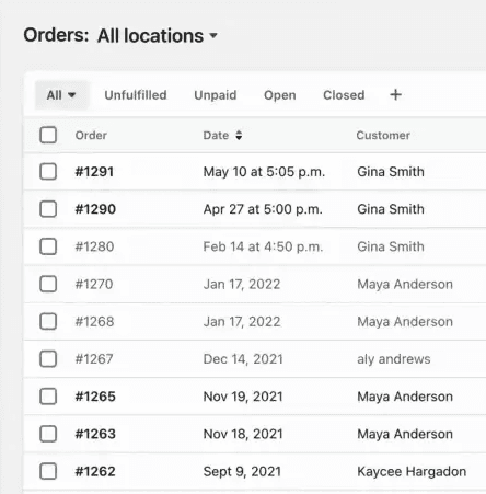 Picture of Shopify Orders page
